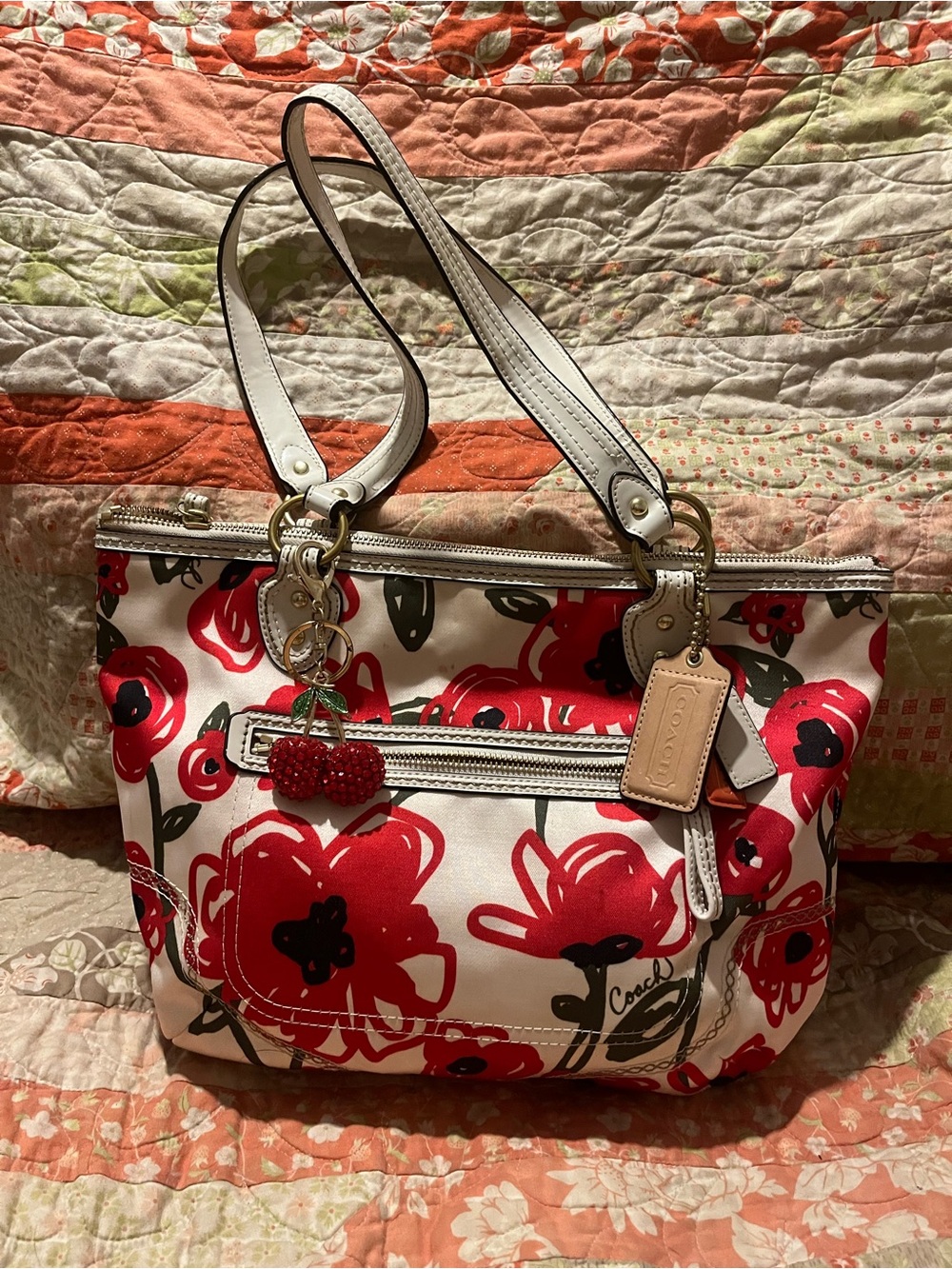 Coach Poppy Hallie Red Floral Cherry Charm Tote in White and Red